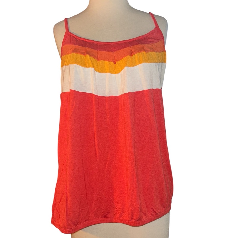 New York & Company Striped Spaghetti Straps Top in Orange Red, Yellow, and White